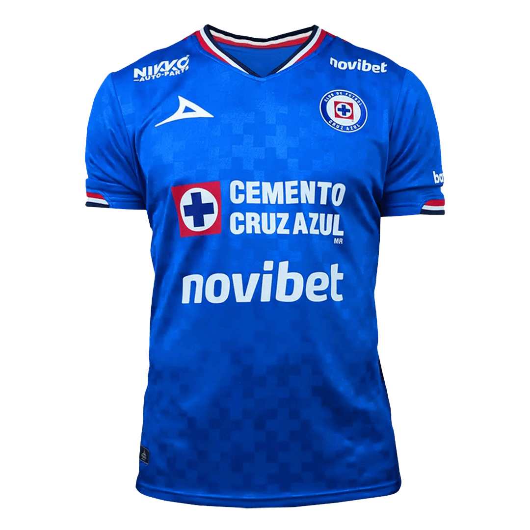 Flat lay of Cruz Azul home replica jersey front with classic blue and white stripes and club crest