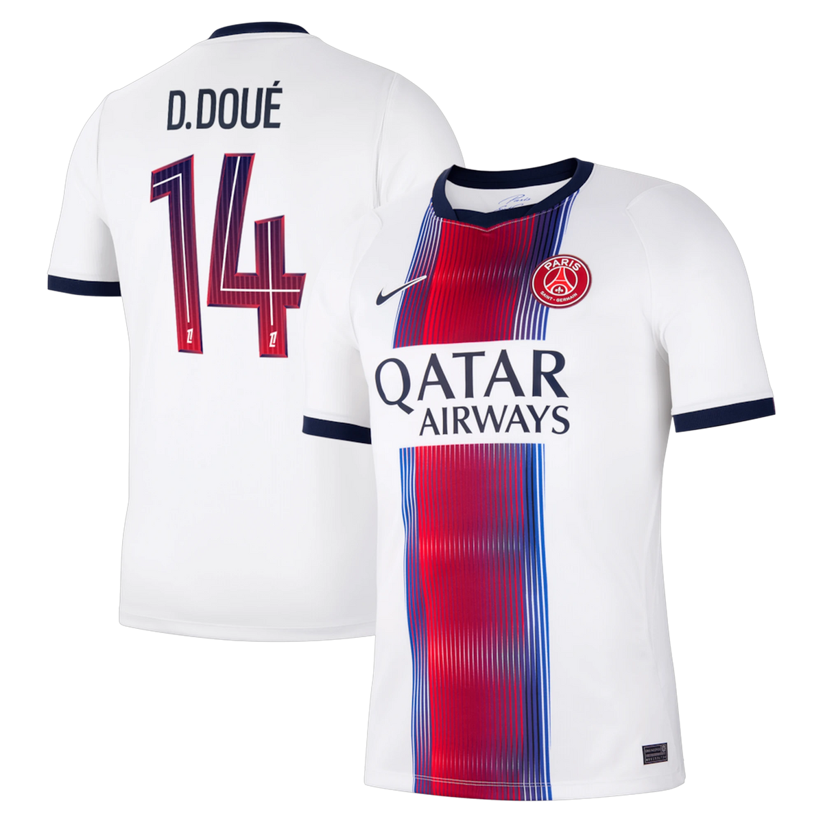 Front and back view of men's Paris Saint-Germain 2026-2027 away white stadium replica custom jersey featuring Désiré Doué by Final Third Kit