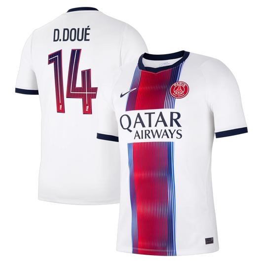 Front and back view of men's Paris Saint-Germain 2026-2027 away white stadium replica custom jersey featuring Désiré Doué by Final Third Kit
