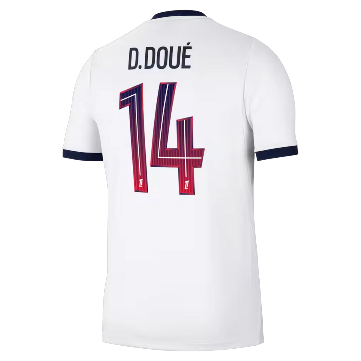 Back view of men's Paris Saint-Germain 2026-2027 away white stadium replica football shirt with Désiré Doué name and number 14 printing by Final Third Kit