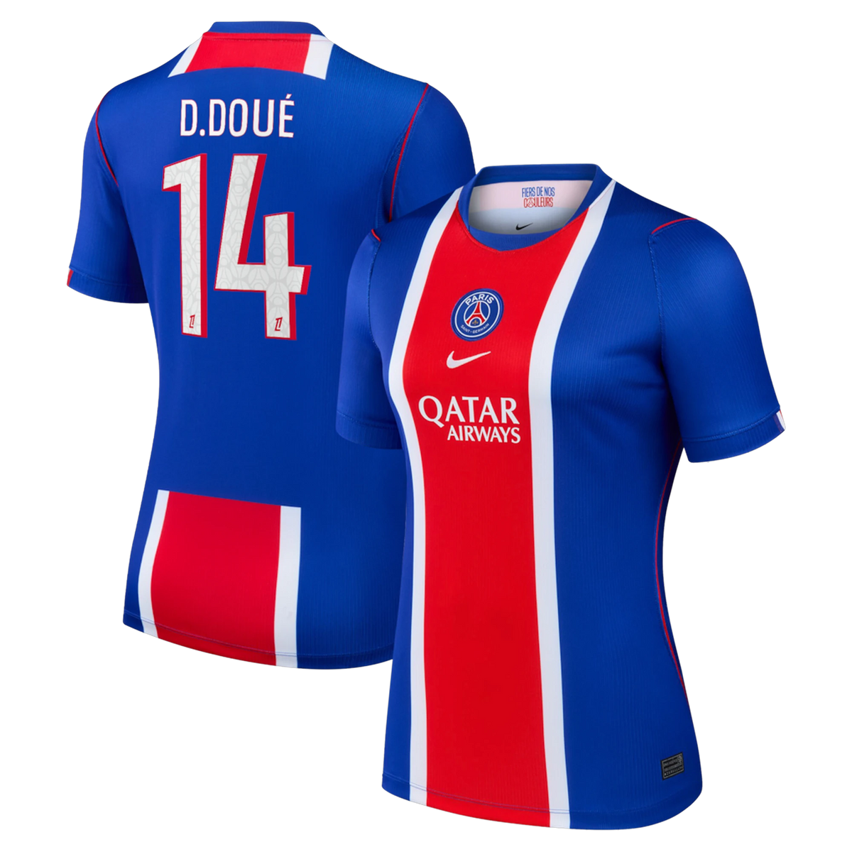 Front and back view of women's Paris Saint-Germain 2026-2027 home blue stadium replica custom jersey featuring Désiré Doué by Final Third Kit