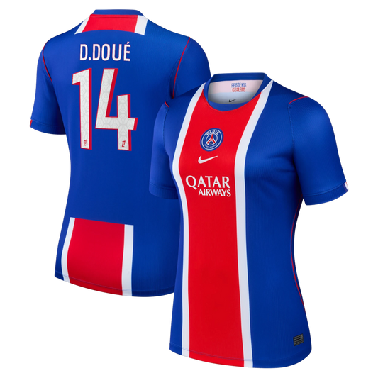 Front and back view of women's Paris Saint-Germain 2026-2027 home blue stadium replica custom jersey featuring Désiré Doué by Final Third Kit