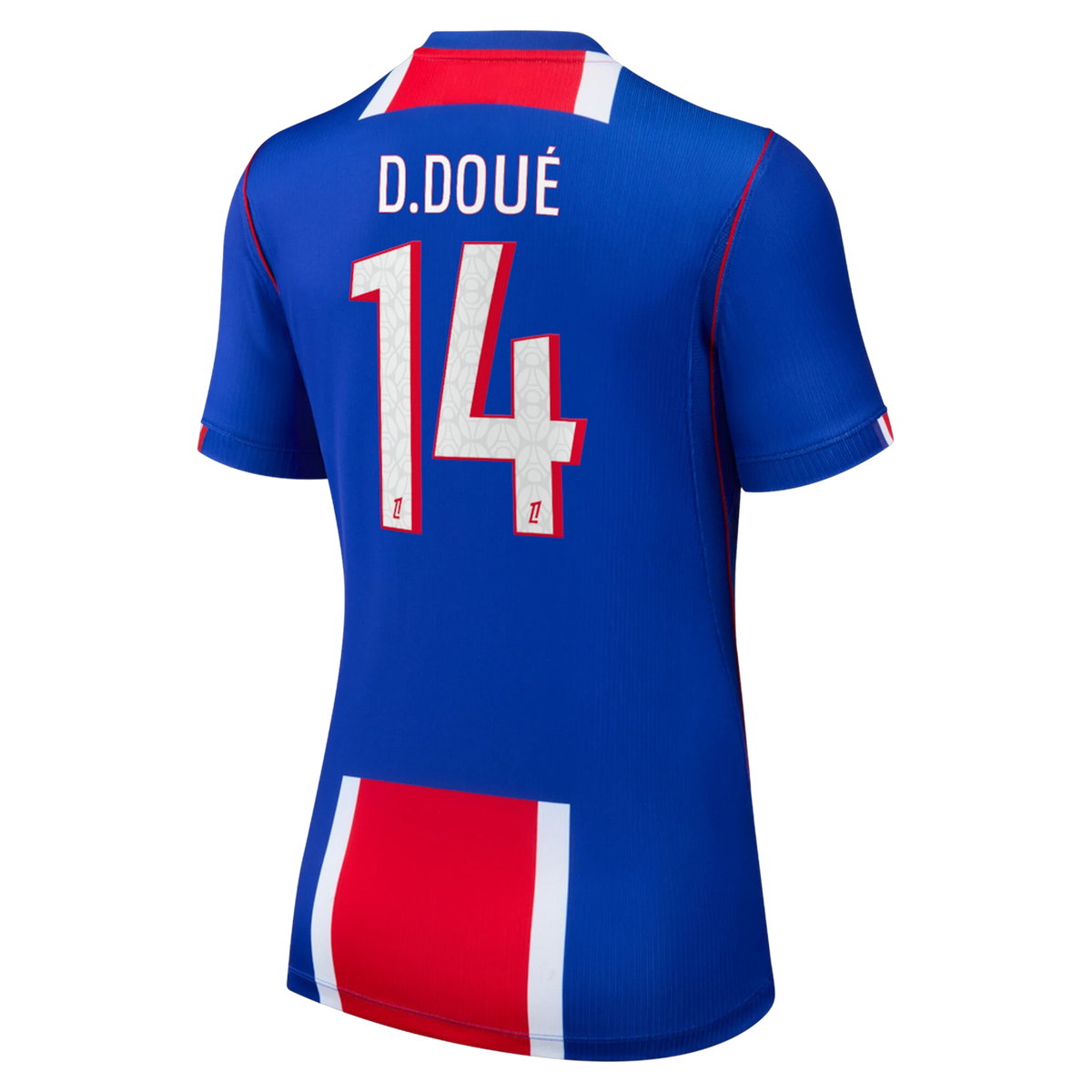 Back view of women's Paris Saint-Germain 2026-2027 home blue stadium replica football shirt with Désiré Doué name and number 14 printing by Final Third Kit
