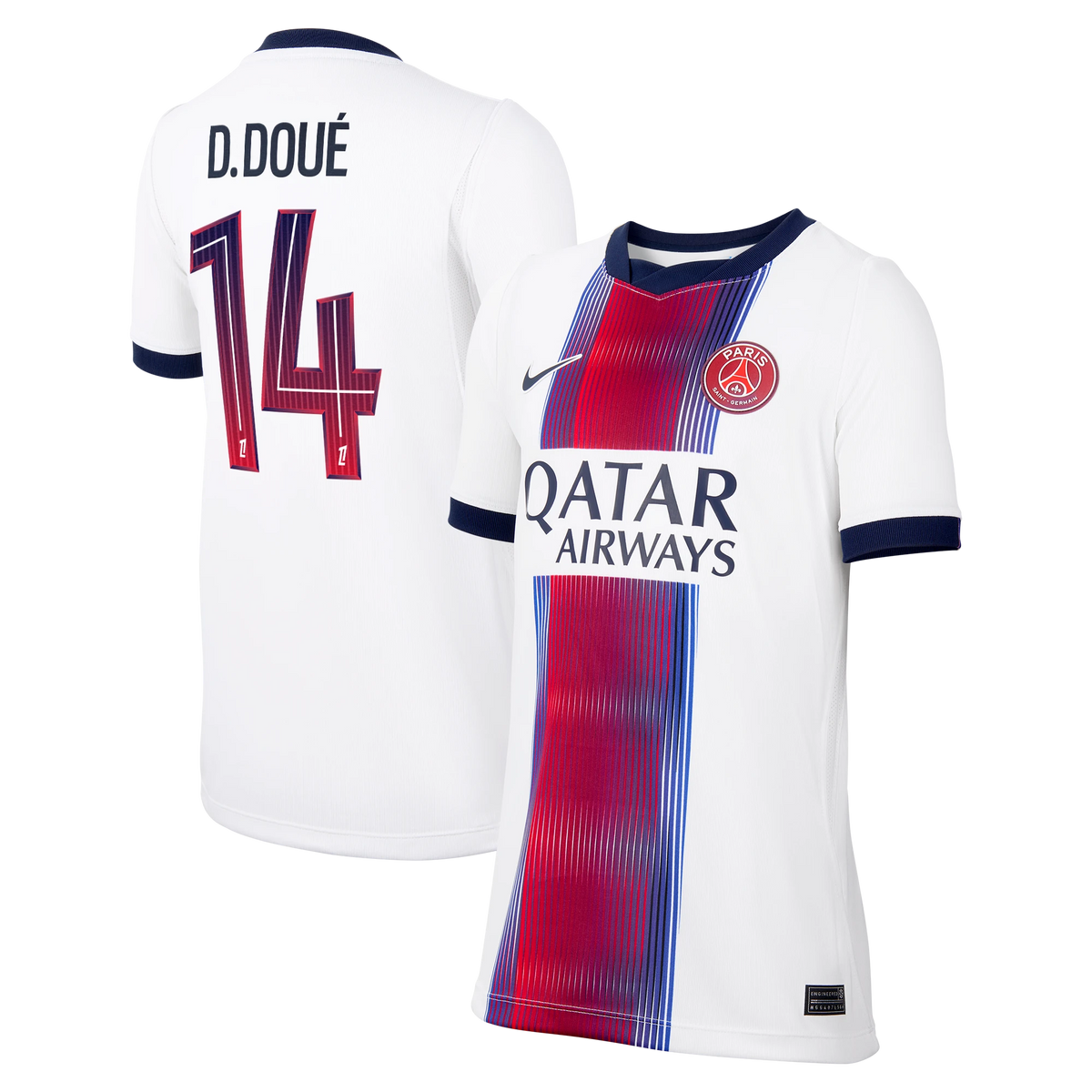 Front and back view of youth Paris Saint-Germain 2026-2027 away white stadium replica custom jersey featuring Désiré Doué by Final Third Kit