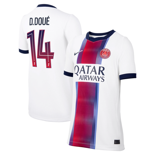 Front and back view of youth Paris Saint-Germain 2026-2027 away white stadium replica custom jersey featuring Désiré Doué by Final Third Kit