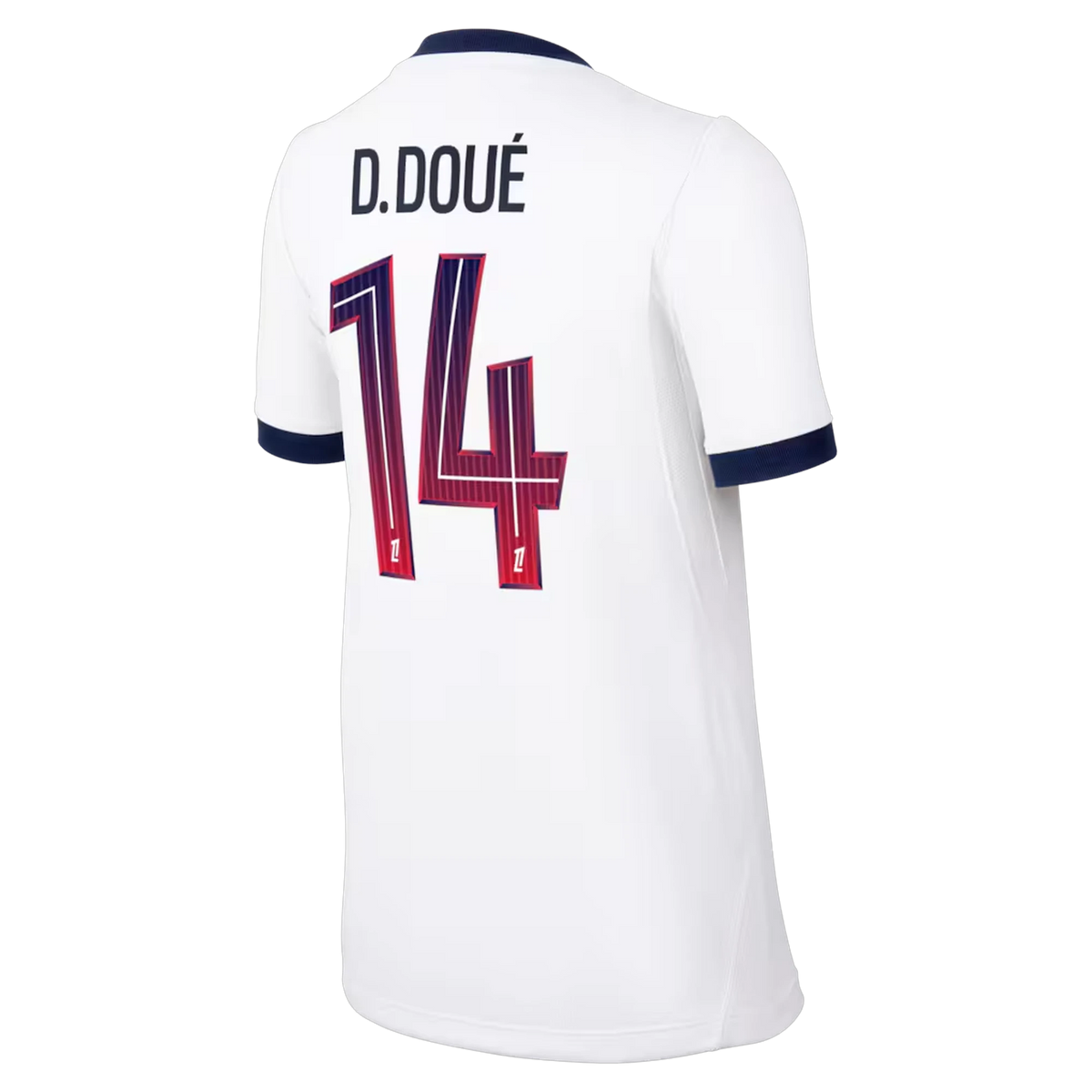 Back view of youth Paris Saint-Germain 2026-2027 away white stadium replica football shirt with Désiré Doué name and number 14 printing by Final Third Kit