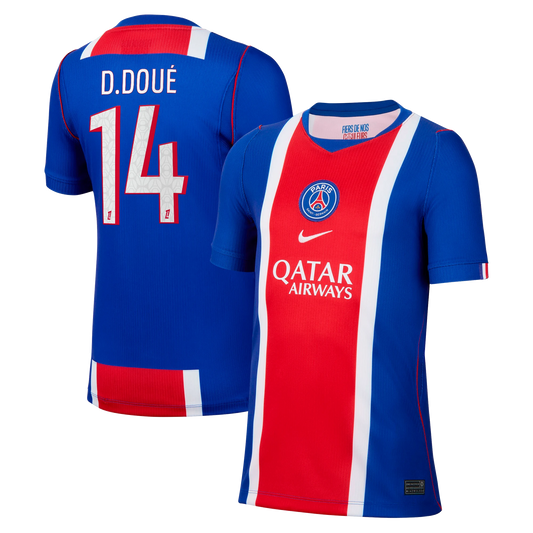 Front and back view of youth Paris Saint-Germain 2026-2027 home blue stadium replica custom jersey featuring Désiré Doué by Final Third Kit