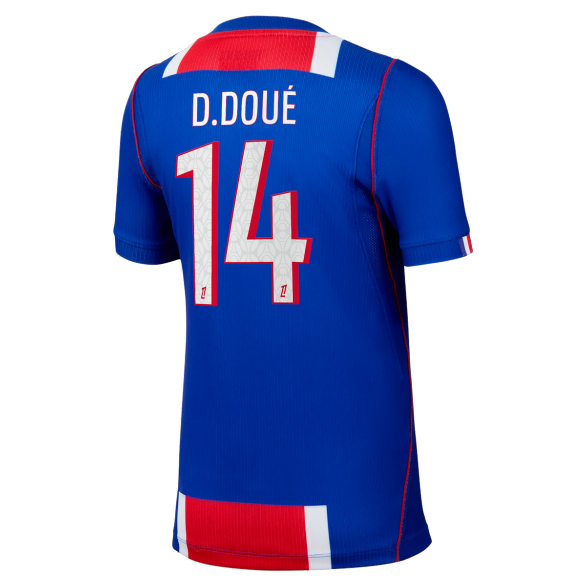 Back view of youth Paris Saint-Germain 2026-2027 home blue stadium replica football shirt with Désiré Doué name and number 14 printing by Final Third Kit