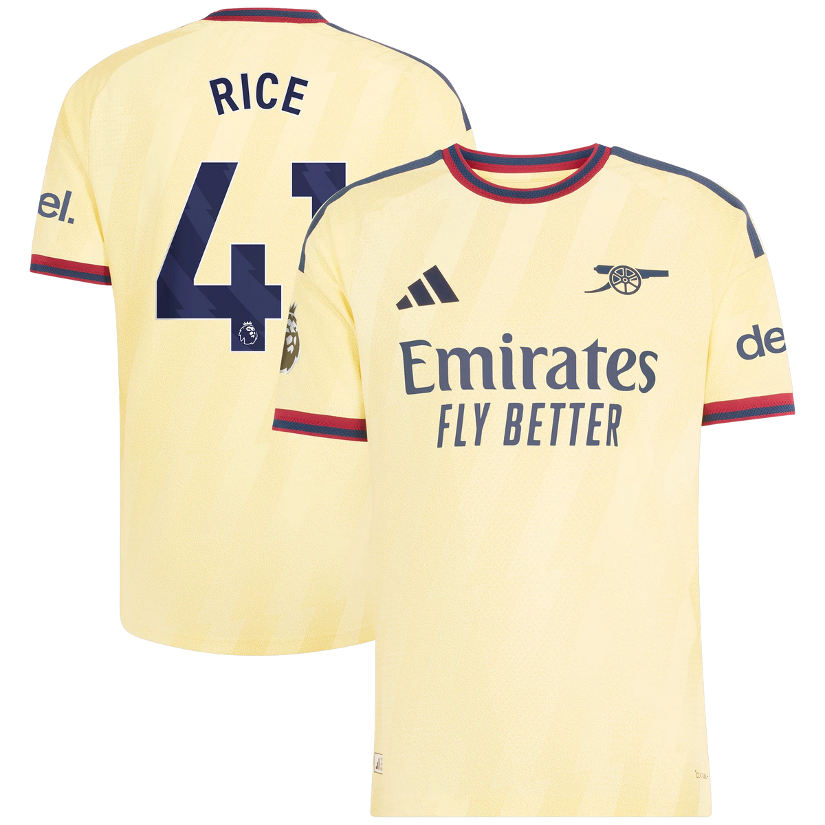Front and back view of men's Arsenal 2026-2027 third yellow on-field authentic jersey featuring Declan Rice by Final Third Kit