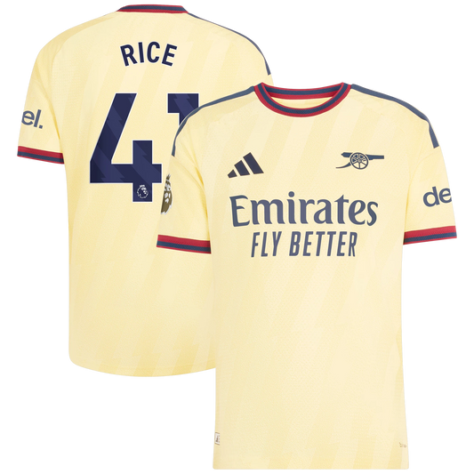 Front and back view of men's Arsenal 2026-2027 third yellow on-field authentic jersey featuring Declan Rice by Final Third Kit