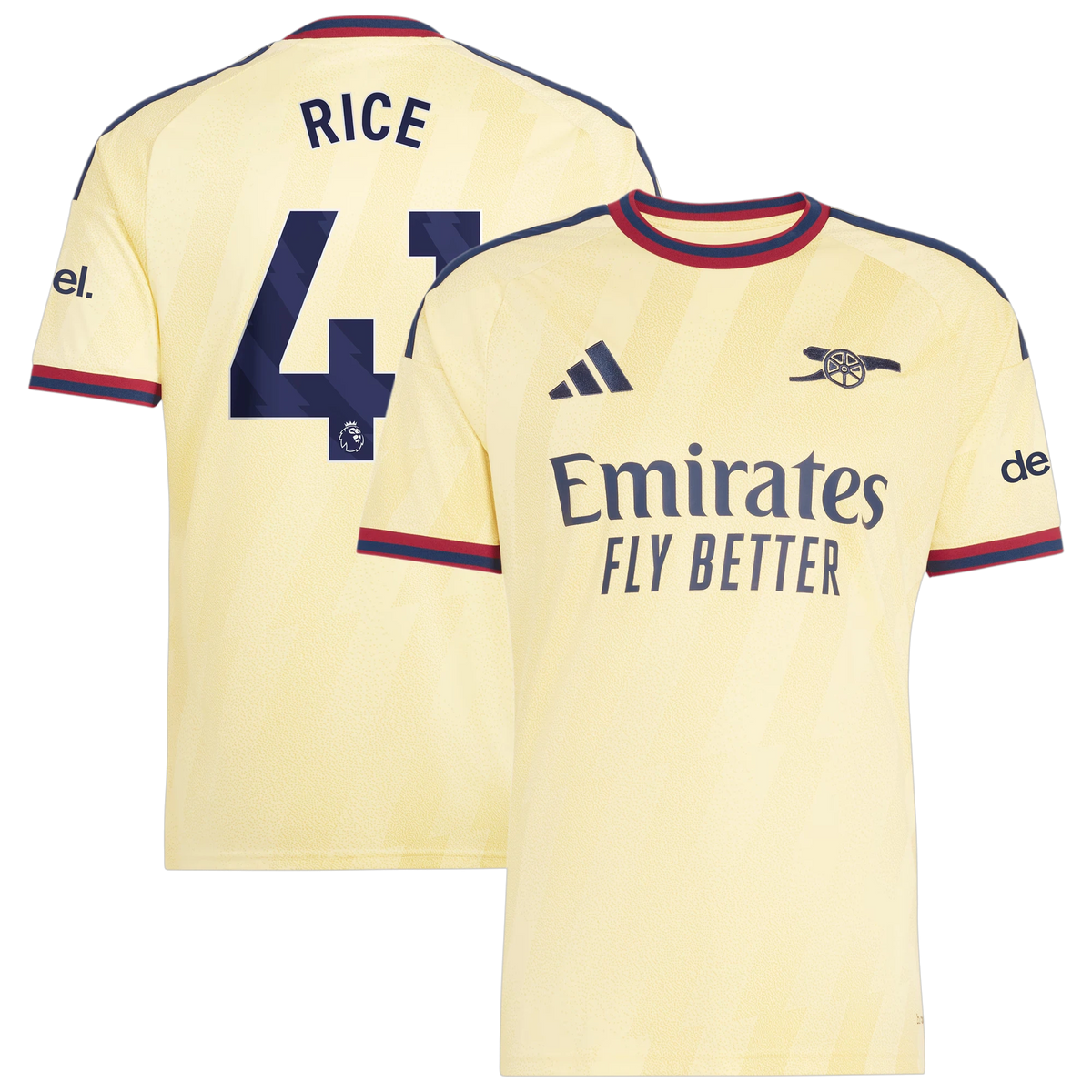 Front and back view of men's Arsenal 2026-2027 third yellow replica jersey featuring Declan Rice by Final Third Kit