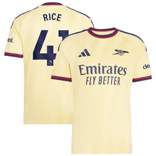 Front and back view of men's Arsenal 2026-2027 third yellow replica jersey featuring Declan Rice by Final Third Kit