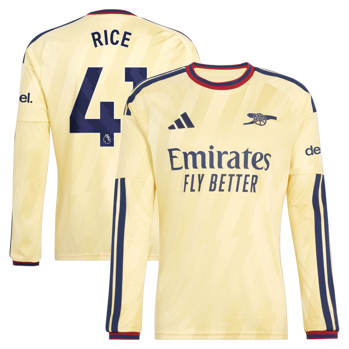 Front and back view of men's Arsenal 2026-2027 third yellow replica long sleeve jersey featuring Declan Rice by Final Third Kit