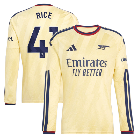 Front and back view of men's Arsenal 2026-2027 third yellow replica long sleeve jersey featuring Declan Rice by Final Third Kit