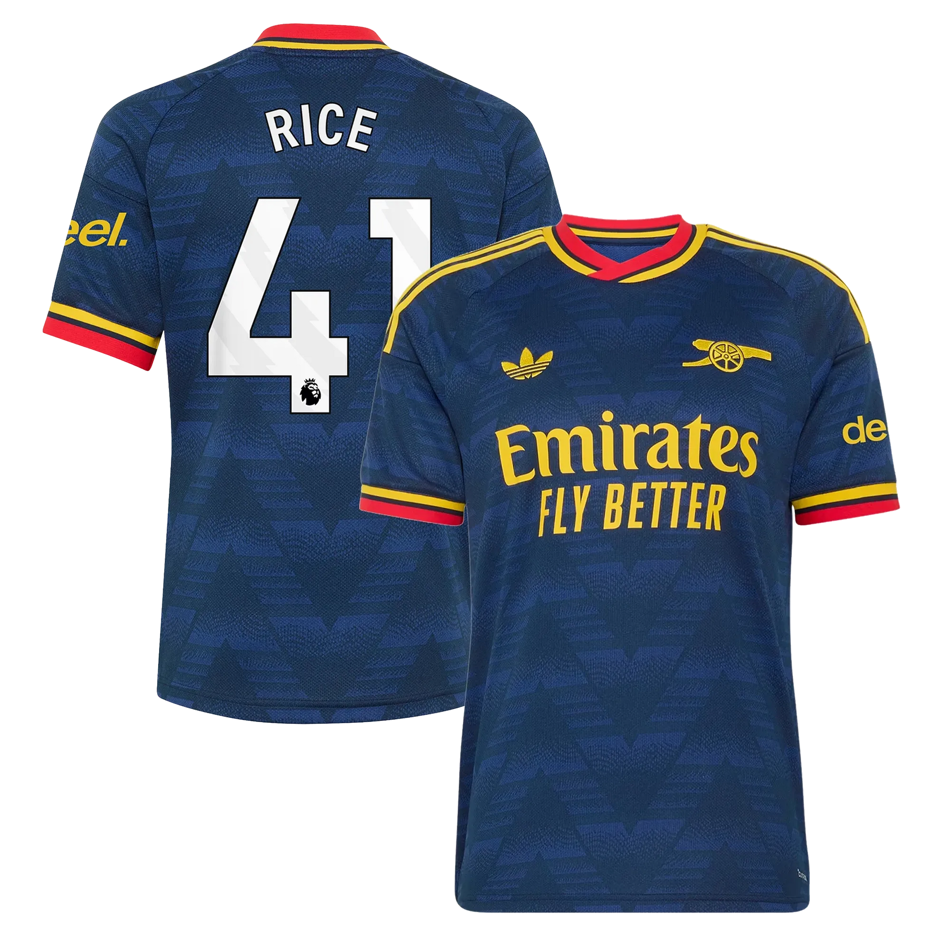 Arsenal 2026/27 away replica jersey front and back combined view with Declan Rice 41 on back, navy base with red and white stripe details on front
