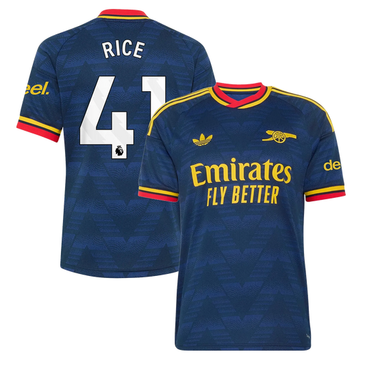 Arsenal 2026/27 away replica jersey front and back combined view with Declan Rice 41 on back, navy base with red and white stripe details on front