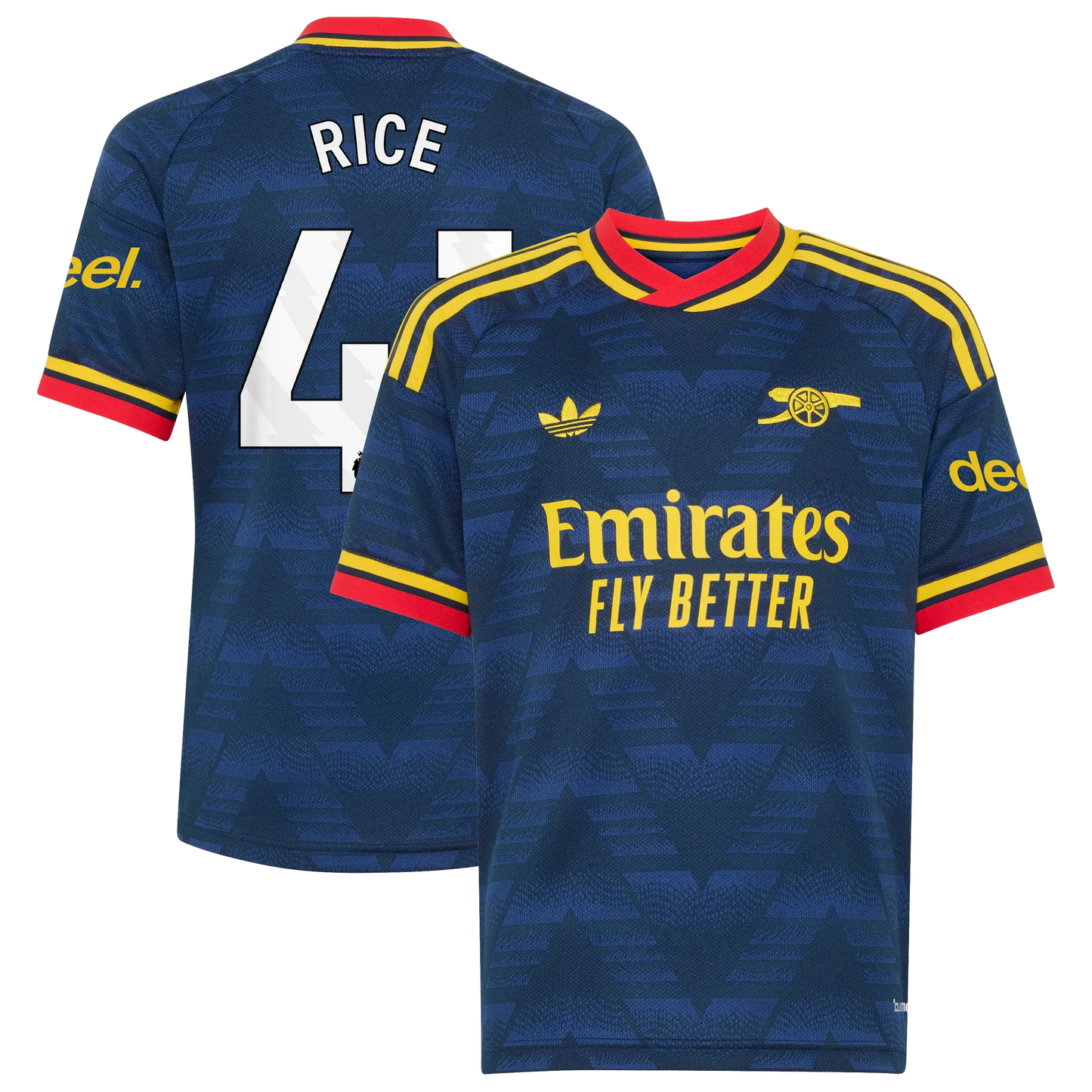 Front and back view of youth Arsenal 2026-2027 away navy stadium replica jersey featuring Declan Rice by Final Third Kit