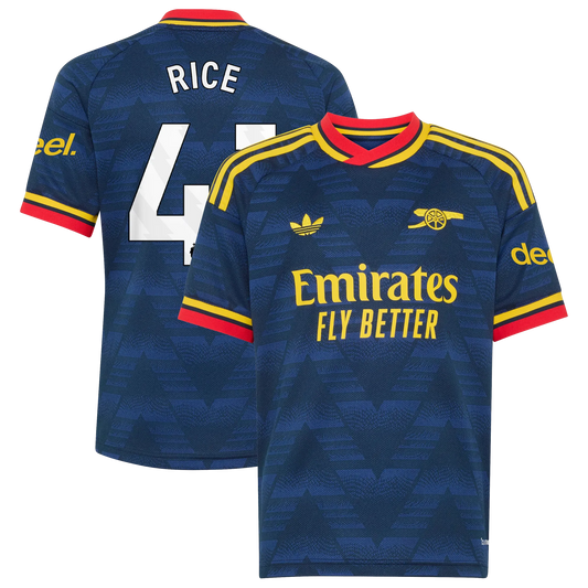 Front and back view of youth Arsenal 2026-2027 away navy stadium replica jersey featuring Declan Rice by Final Third Kit