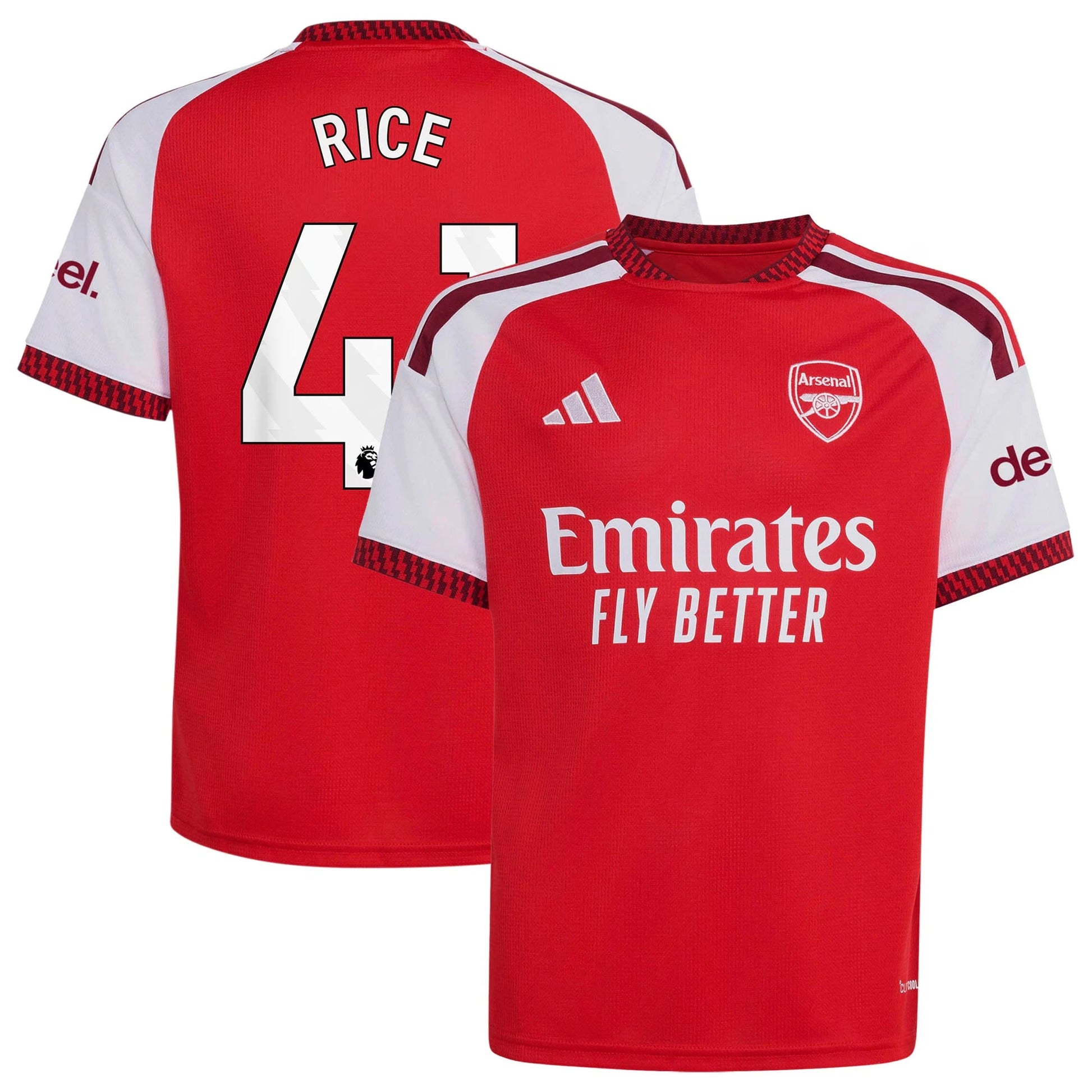 Front and back view of youth Arsenal 2026-2027 home red stadium replica jersey featuring Declan Rice by Final Third Kit
