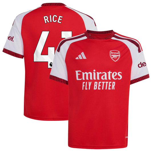 Front and back view of youth Arsenal 2026-2027 home red stadium replica jersey featuring Declan Rice by Final Third Kit