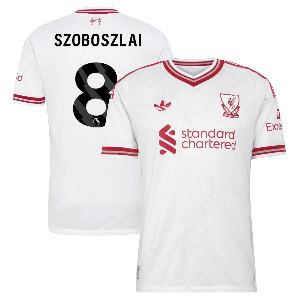 Front and back view of men's Liverpool 2026-2027 away white on-field authentic jersey featuring Dominik Szoboszlai by Final Third Kit