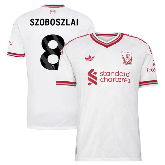 Front and back view of men's Liverpool 2026-2027 away white on-field authentic jersey featuring Dominik Szoboszlai by Final Third Kit