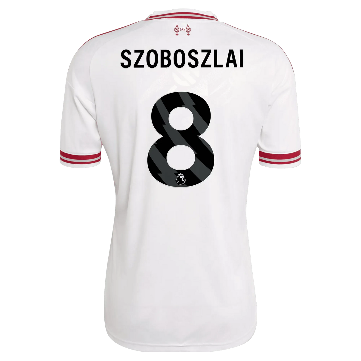 Back view of men's Liverpool 2026-2027 away white replica football shirt with Dominik Szoboszlai name and number 8 printing by Final Third Kit