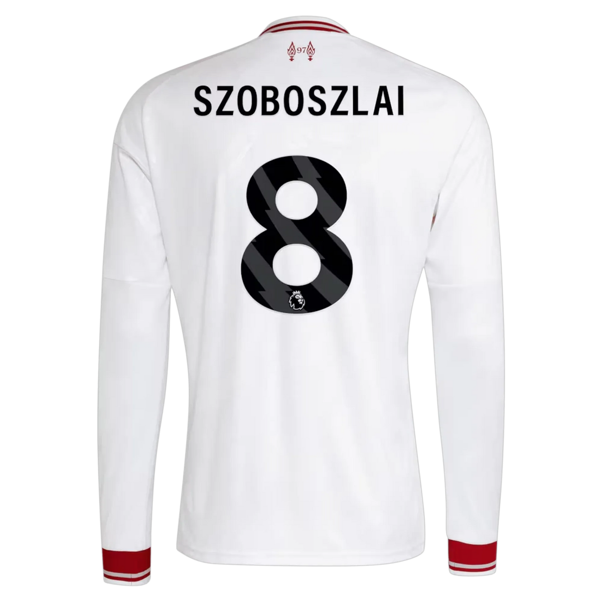 Back view of men's Liverpool 2026-2027 away white replica long sleeve football shirt with Dominik Szoboszlai name and number 8 printing by Final Third Kit