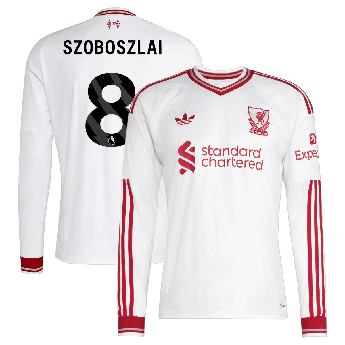 Front and back view of men's Liverpool 2026-2027 away white replica long sleeve jersey featuring Dominik Szoboszlai by Final Third Kit