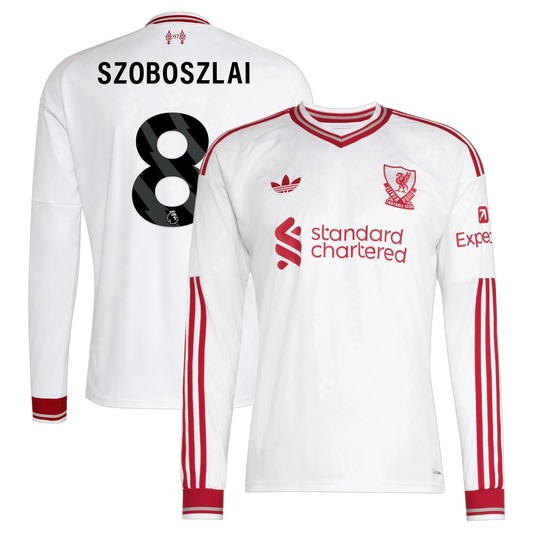 Front and back view of men's Liverpool 2026-2027 away white replica long sleeve jersey featuring Dominik Szoboszlai by Final Third Kit