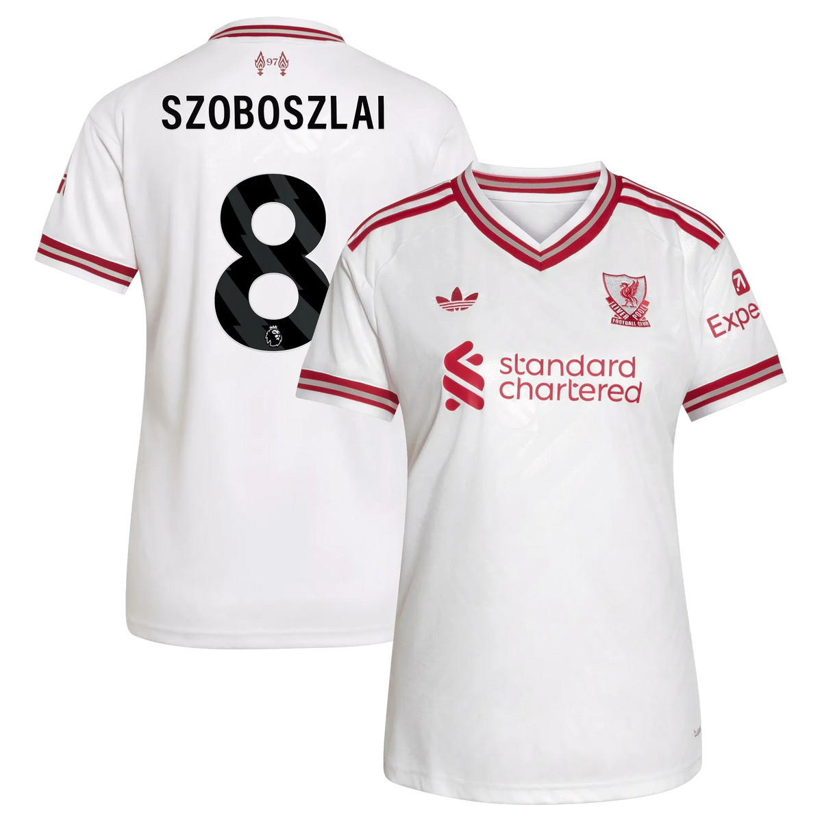 Front and back view of women's Liverpool 2026-2027 away white replica jersey featuring Dominik Szoboszlai by Final Third Kit