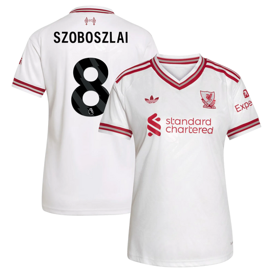 Front and back view of women's Liverpool 2026-2027 away white replica jersey featuring Dominik Szoboszlai by Final Third Kit