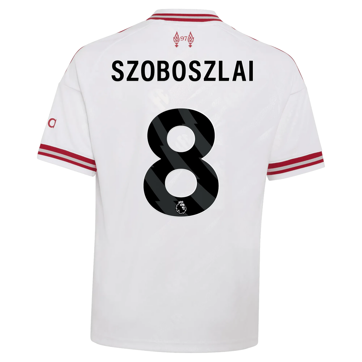 Back view of youth Liverpool 2026-2027 away white replica football shirt with Dominik Szoboszlai name and number 8 printing by Final Third Kit