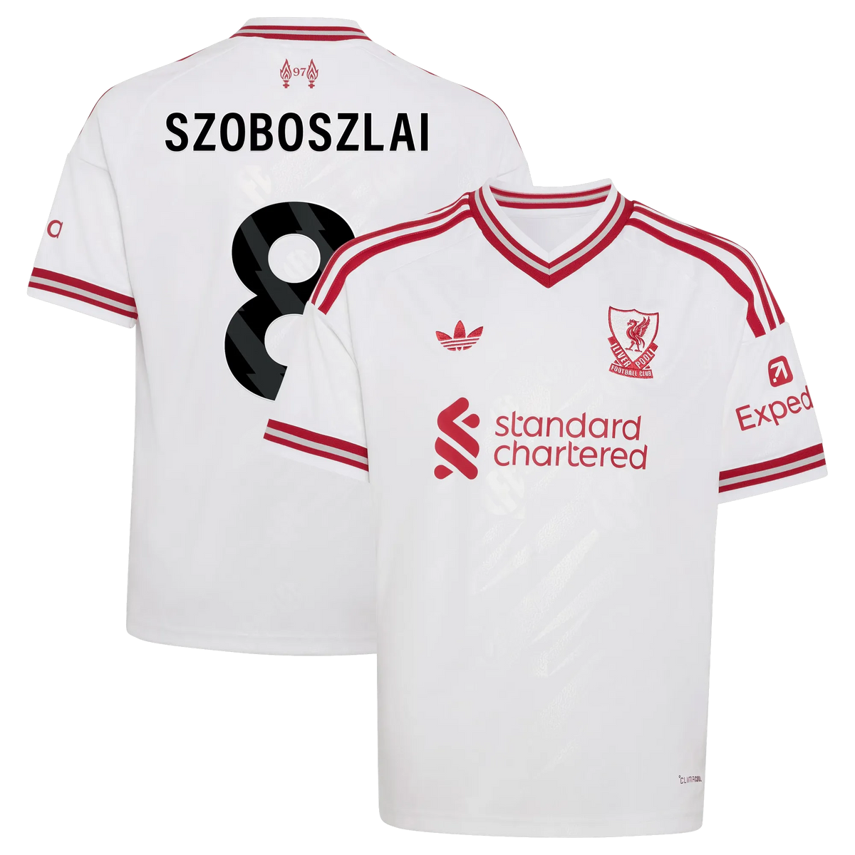 Front and back view of youth Liverpool 2026-2027 away white replica jersey featuring Dominik Szoboszlai by Final Third Kit