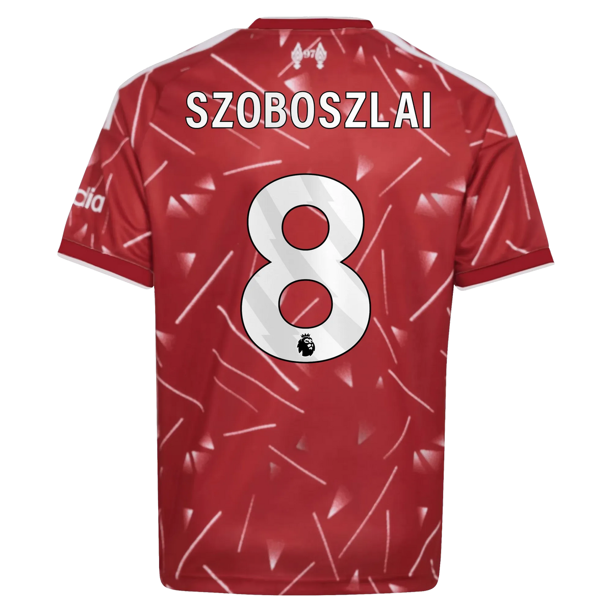 Back view of youth Liverpool 2026-2027 home red replica football shirt with Dominik Szoboszlai name and number 8 printing by Final Third Kit