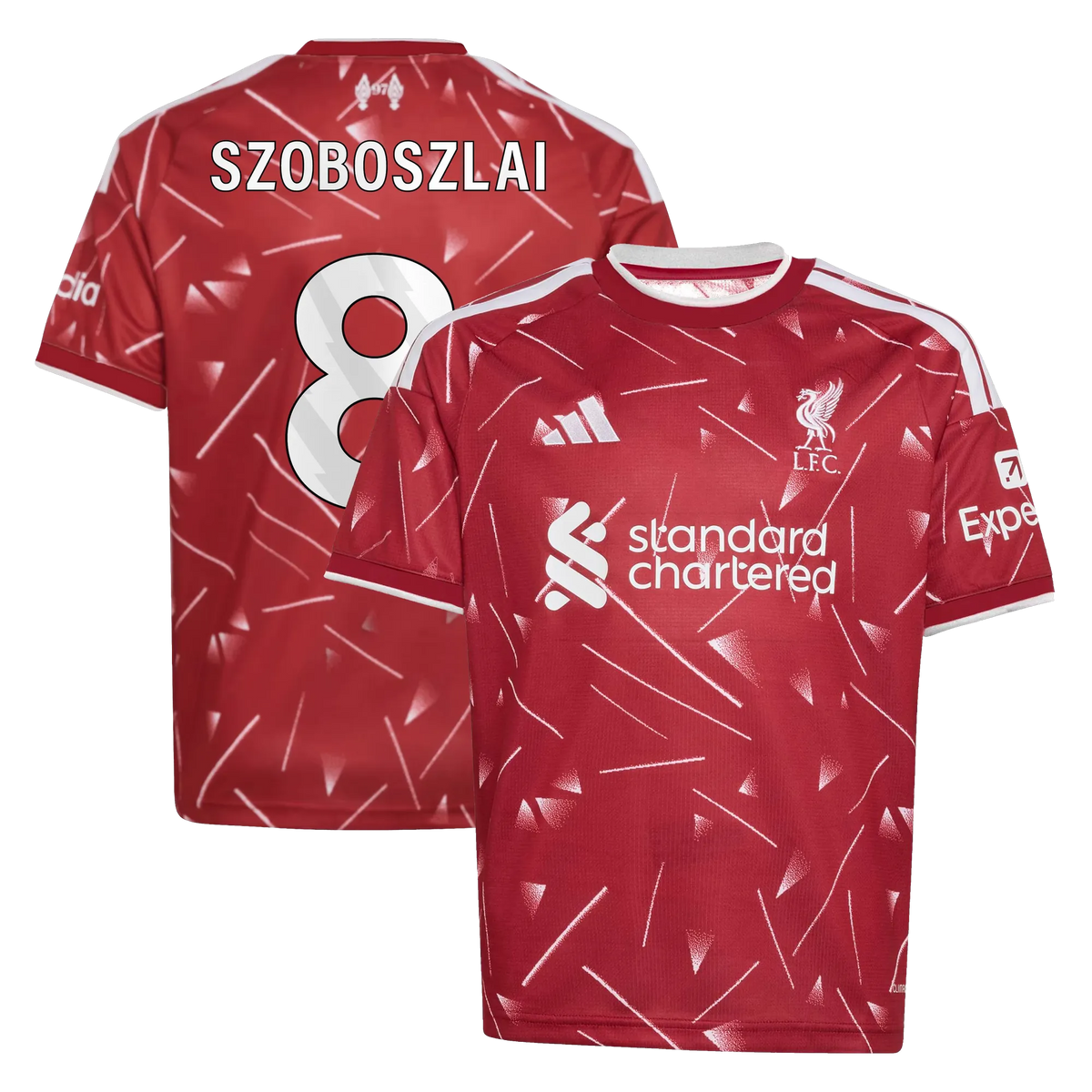 Front and back view of youth Liverpool 2026-2027 home red replica jersey featuring Dominik Szoboszlai by Final Third Kit