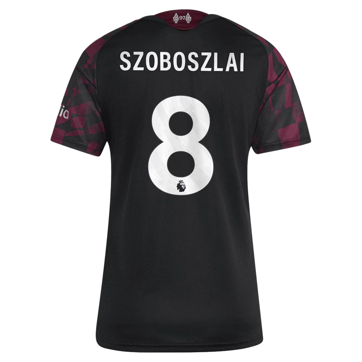Back view of women's Liverpool 2026-2027 third black replica football shirt with Dominik Szoboszlai name and number 8 printing by Final Third Kit