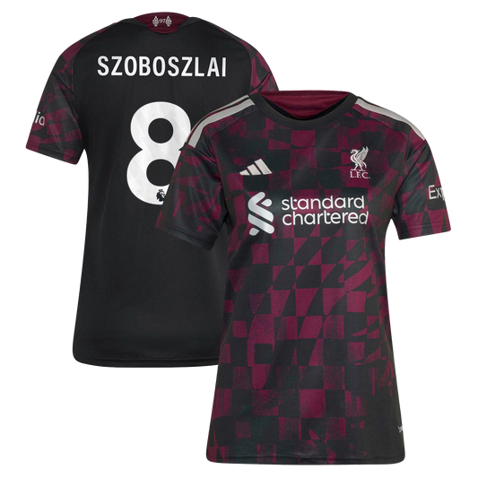 Front and back view of women's Liverpool 2026-2027 third black replica jersey featuring Dominik Szoboszlai by Final Third Kit
