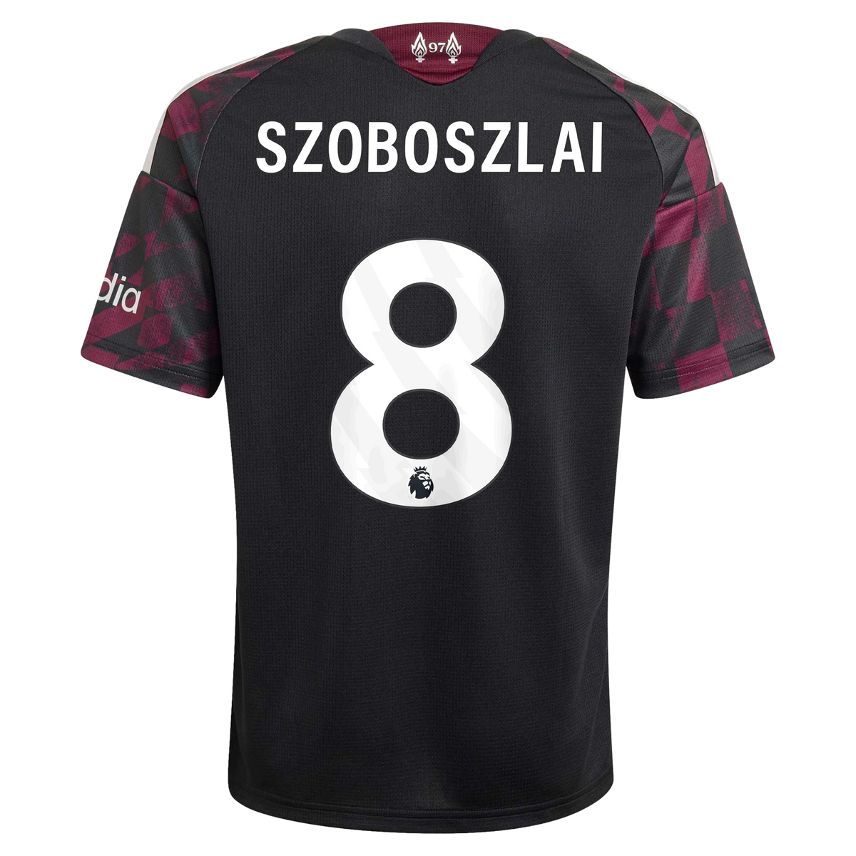 Back view of youth Liverpool 2026-2027 third black replica football shirt with Dominik Szoboszlai name and number 8 printing by Final Third Kit