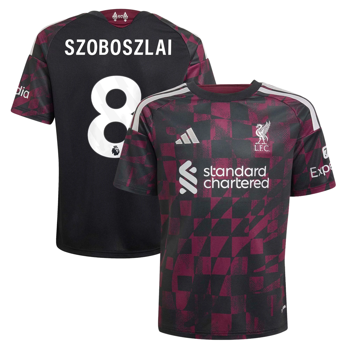 Front and back view of youth Liverpool 2026-2027 third black replica jersey featuring Dominik Szoboszlai by Final Third Kit