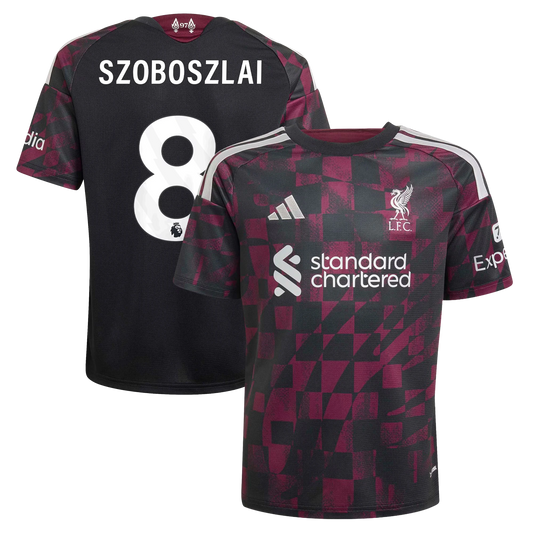 Front and back view of youth Liverpool 2026-2027 third black replica jersey featuring Dominik Szoboszlai by Final Third Kit