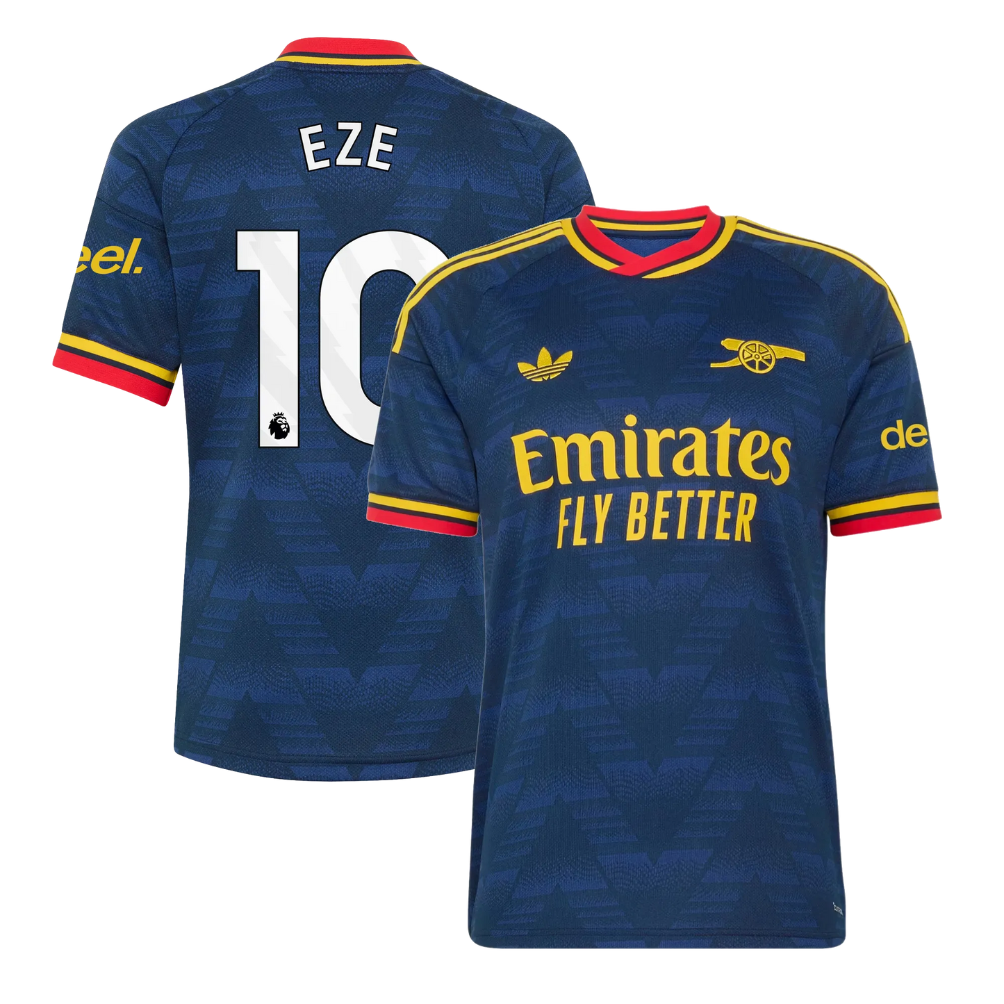 Arsenal 2026/27 away replica jersey front and back combined view with Eberechi Eze 10 on back, navy base with red and white stripe details on front