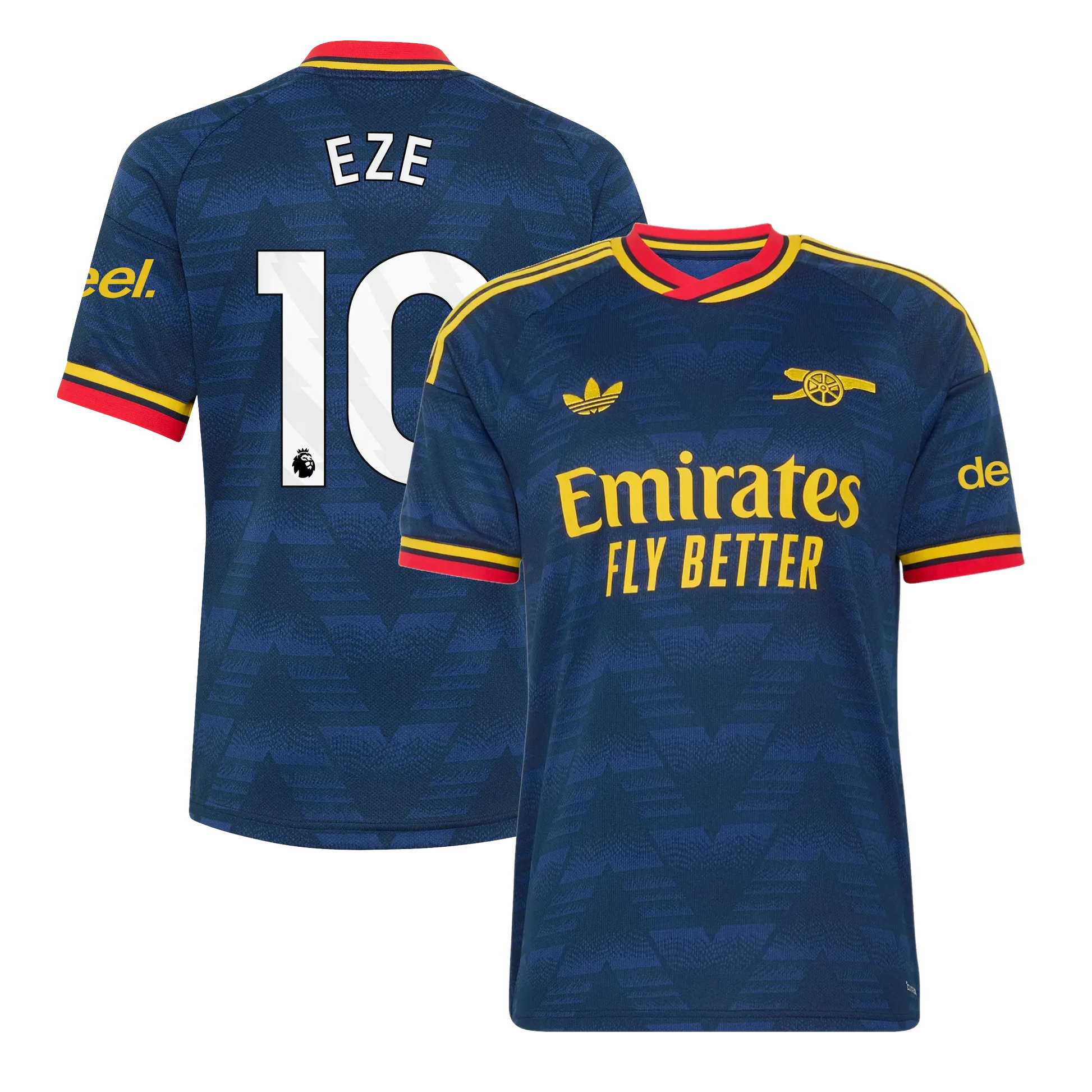 Arsenal 2026/27 away replica jersey front and back combined view with Eberechi Eze 10 on back, navy base with red and white stripe details on front