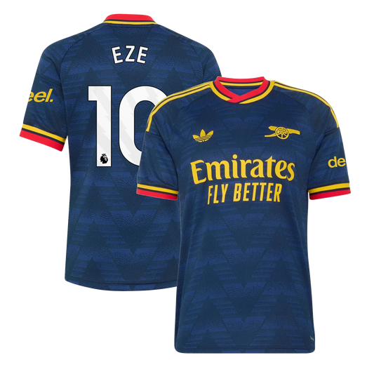 Arsenal 2026/27 away replica jersey front and back combined view with Eberechi Eze 10 on back, navy base with red and white stripe details on front