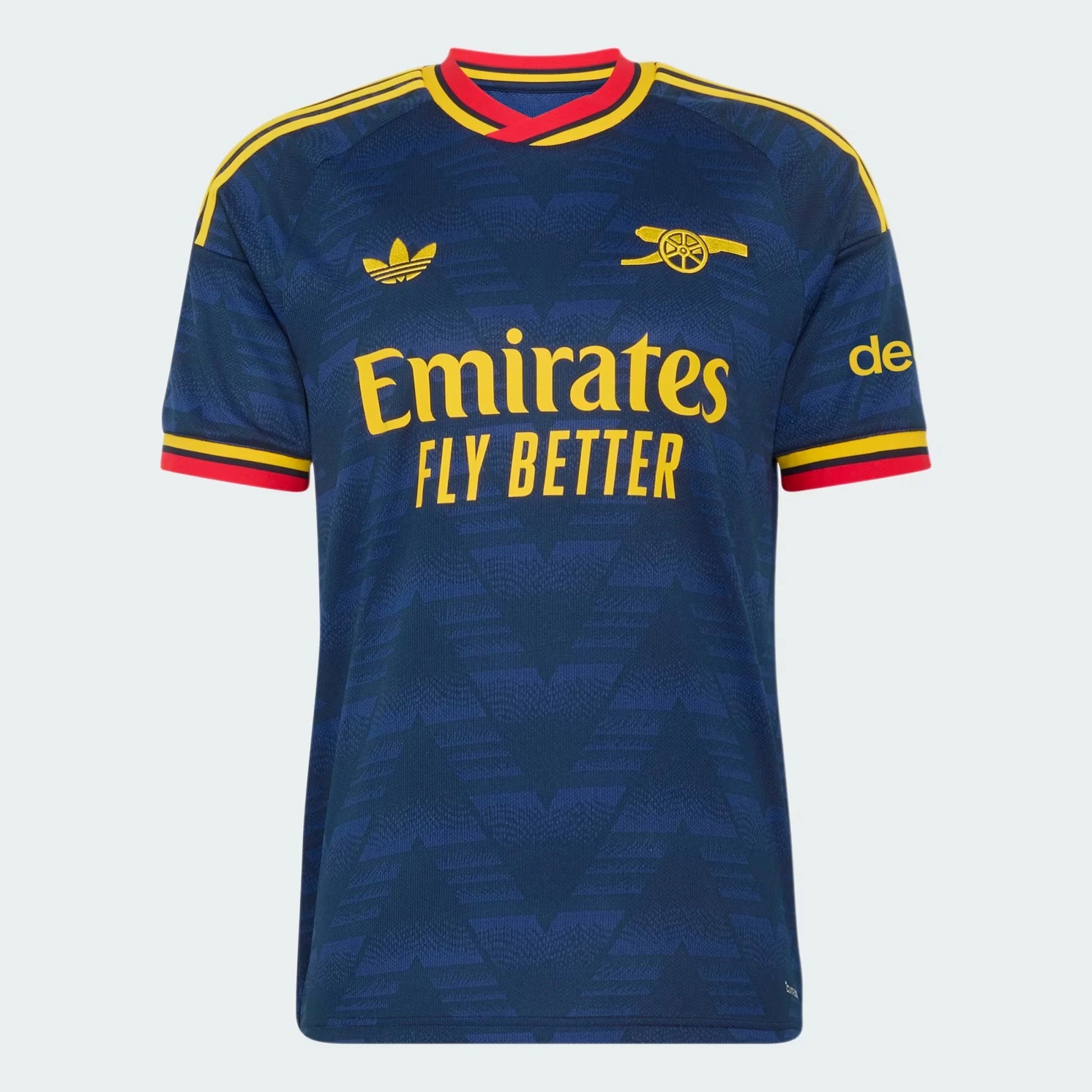 Flat lay of Arsenal away replica jersey front with club crest and adidas logo, no number visible on front