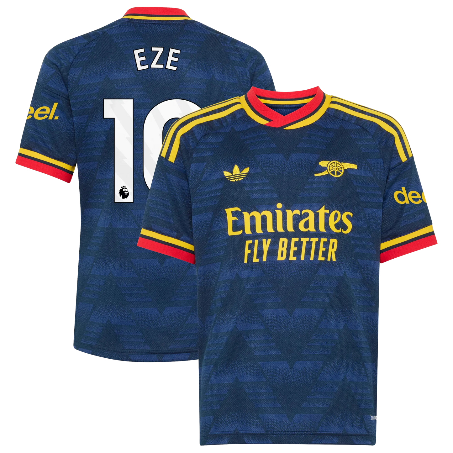 Front and back view of youth Arsenal 2026-2027 away navy stadium replica jersey featuring Eberechi Eze by Final Third Kit