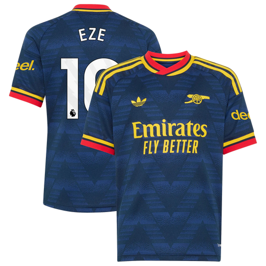 Front and back view of youth Arsenal 2026-2027 away navy stadium replica jersey featuring Eberechi Eze by Final Third Kit