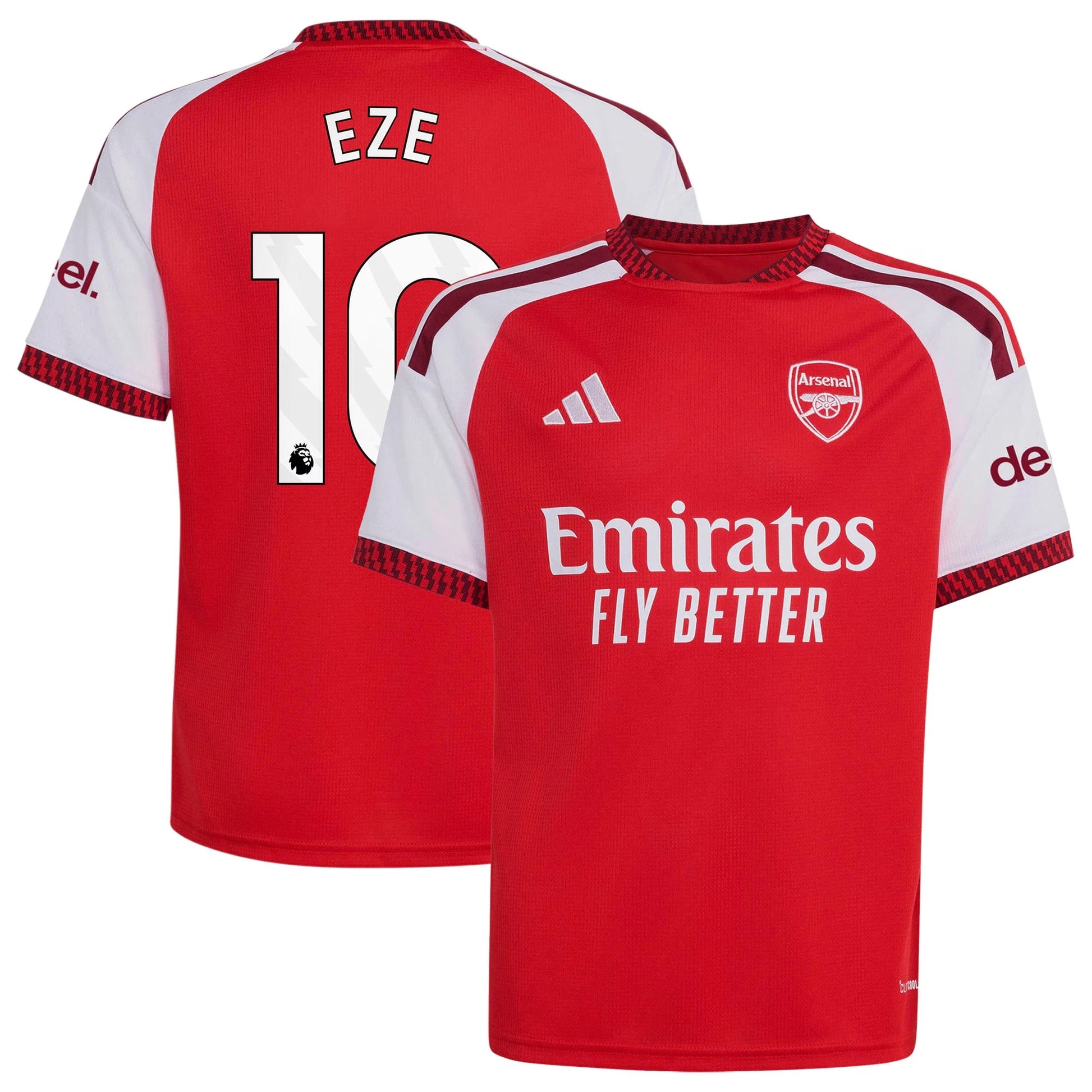 Front and back view of youth Arsenal 2026-2027 home red stadium replica jersey featuring Eberechi Eze by Final Third Kit