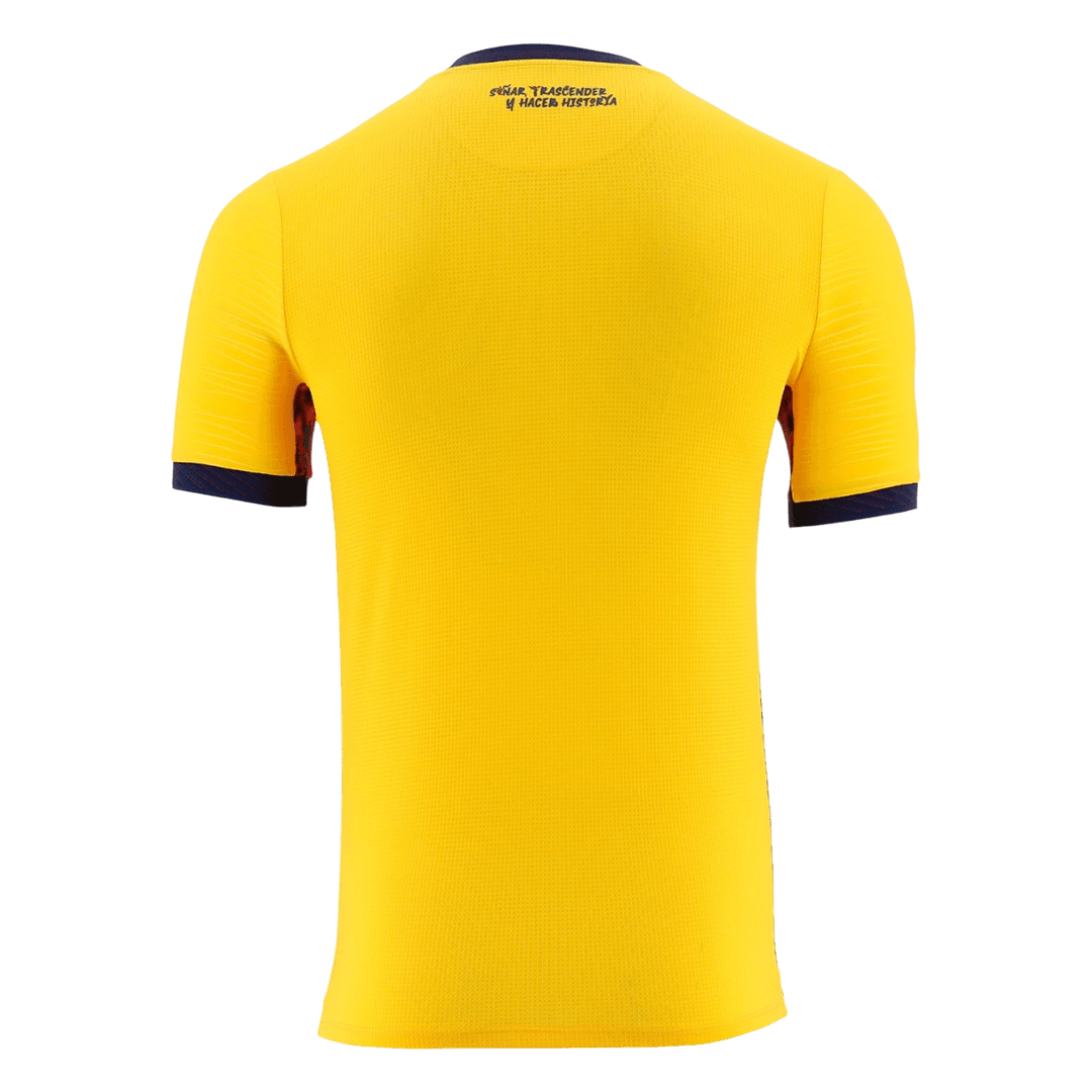 Back view of Ecuador home replica jersey showing blank back with Soñar Trascender y Hacer Historia text below collar