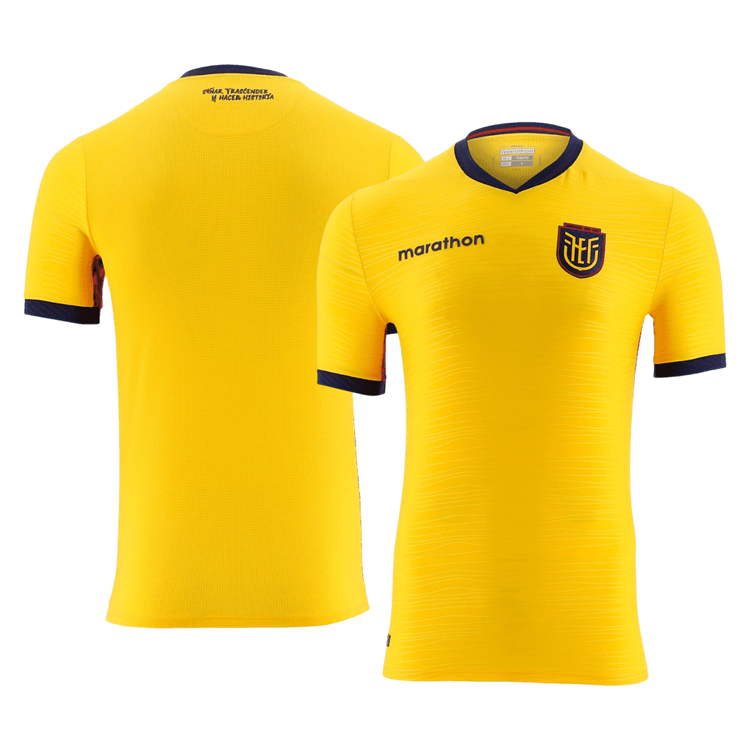 Ecuador 2026 World Cup home replica jersey front and back combined view with yellow base and navy trim, blank without player print